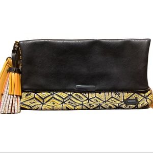 Tantrend Boho Women’s Clutch Handbag Tassel Fringe Yellow Black Geometric Print